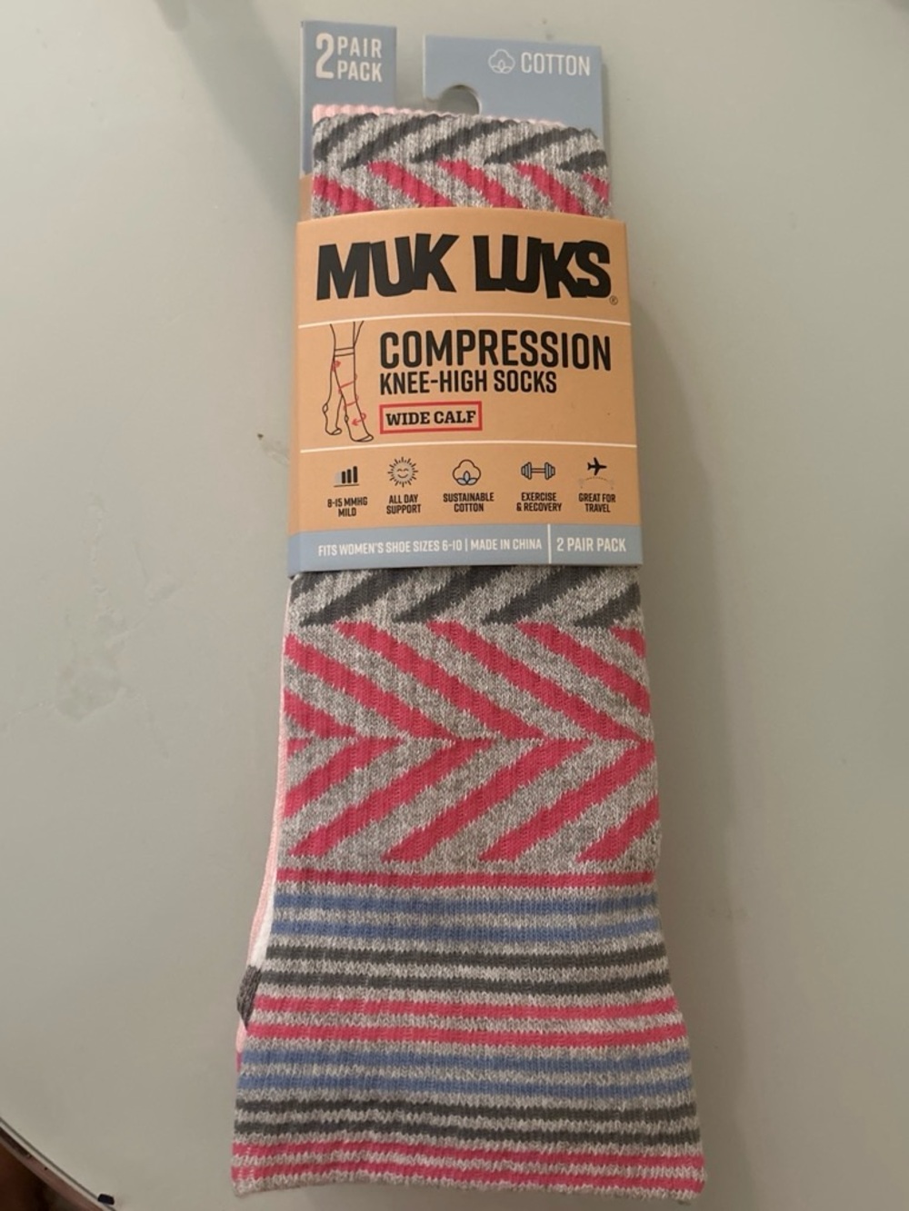Muk Luks Knee-High Compression Socks in Pink, Gray & Blue